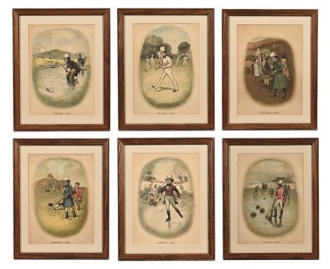 A set of six sporting prints marked 1820, depicting Curling, Cricket, Coaching, Skating, Fishing and Shooting. 34 x 25 cm, fr