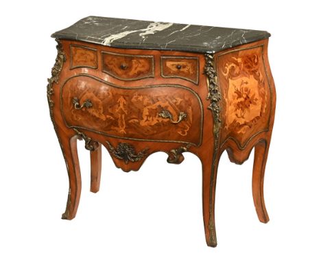 A Louis XV style serpentine and Bombe commode chest of drawers, marquetry with marble top and raised on cabriole legs termina