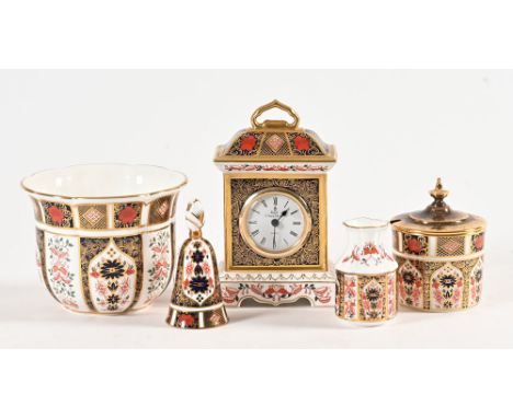 Royal Crown Derby gold Imari pattern 1128 mantel clock  height 17.5 cm, lidded jam pot height 11 cm, decorative bell height 1