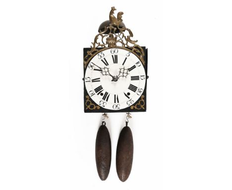 A 19th century French Comtoise wall clock, with brass cockerel decoration and enamelled dial with two weights.  Height includ