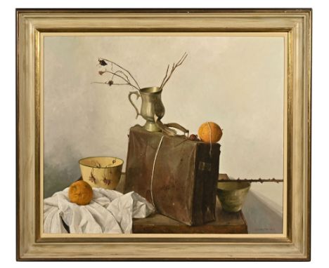 Arthur Easton Roi (1939-2024), oil on board still life with gold case and silver cup with Fosse Gallery Cheltenham label to t