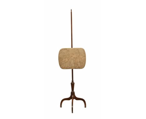 A 19th century mahogany pole screen, of typical form with tripod base the panel decorated with a courting couple.  Height 147