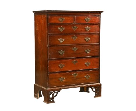 A tall possibly Irish mahogany secretaire chest of two short over five long graduated drawers, with brass drop handles with p