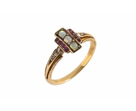 An Art Deco gold coloured metal opal and ruby and diamond set ring, with case.