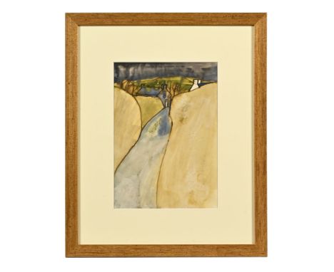 Percy Kelly (1918-1993), watercolour Road and Cottage scene on headed paper, 7 Gospel Lane St David's Pembrokeshire Daffyd Wa