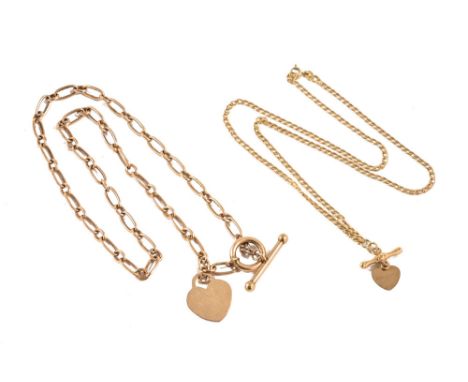 Two 9 ct gold chains, one with T bar, both with heart shaped pendants.  11 grams.The lighter of the two chains is 45 cm in le
