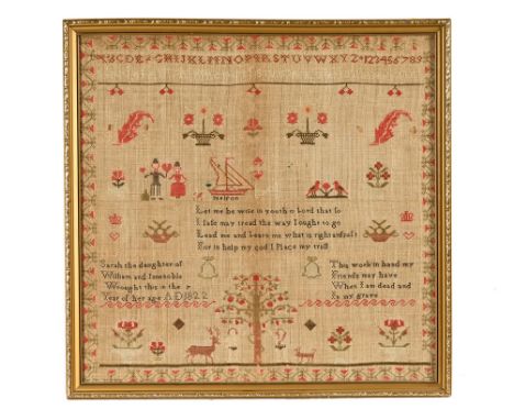 An 1822 sampler by Sarah aged 7, daughter of William and Jane Noble, sampler border decorated with flowers, central panel wit