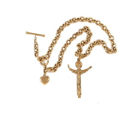 A 9 ct gold chain, with T bar and crucifix.&nbsp; 24.4 grams (see illustration).