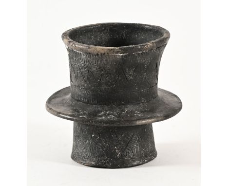 A Chinese drinking vessel, possibly bronze age with incised decoration.  Height 17 cm, top diameter 14 cm, maximum diameter 1