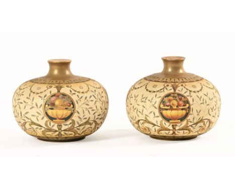 A pair of Doulton Burslem Slaters Patent tapestry vases, with gilt decoration and marked to the underside U S Patent.  Height