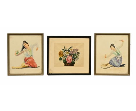 A pair of oriental watercolours, dancing girls.  28 cm x 24 cm, framed, together with a watercolour still life of flowers.