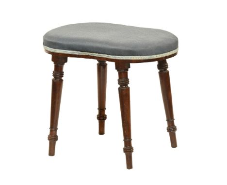 A Victorian stool, with shaped top and raised on four turned legs.  Height 47 cm, width 55 cm, central depth 31 cm.