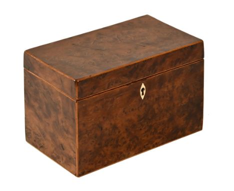 A Georgian burr and CWJwood strung tea caddy, with ivory lock escutcheon (interior missing). Height 13 cm, width 20 cm, depth