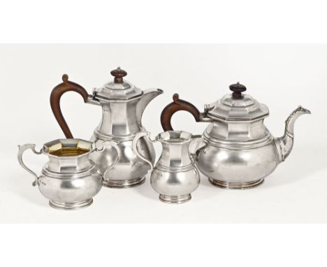 A four piece silver tea service, the cream and sugar with silver gilt interior London P for 1930, maker CA possibly Charles A