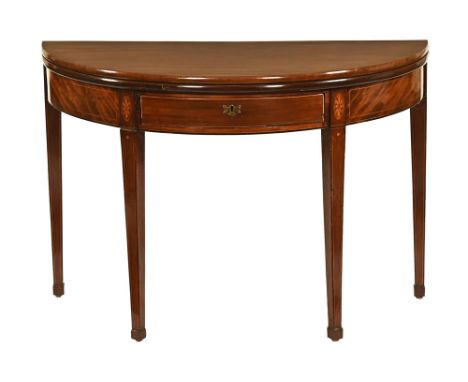 A George III mahogany turnover top card table, being CWJwood strung and with green baize lined interior, with single frieze d