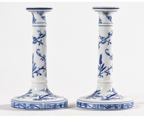 A pair of Villeroy & Boch blue and white candlesticks, also marked Dresden. Height 20 cm.  Both candlesticks are in very good