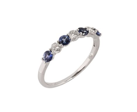 An 18 ct white gold half eternity ring, set with alternating sapphires and natural diamonds. Total weight 0.90 carats. Size N