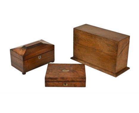 An oak stationery cabinet, a walnut CWJ and a Regency tea caddy.  Widest 33 cm.