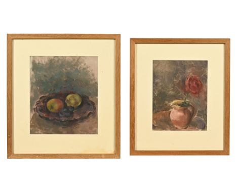Stella Steyn (1907-1987), two oil on canvases on board, the first still life rose and vase 26 x 20 cm, the second still life 