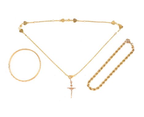 A 14 ct gold bracelet and 14 ct gold bangle, together with a yellow metal chain and cross. 12.1 grams.