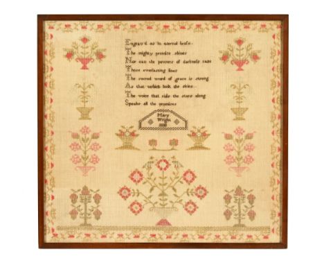 A mid 19th century needlework sampler, by Mary Wright dated 1838.  49 x 53 cm, framed.
