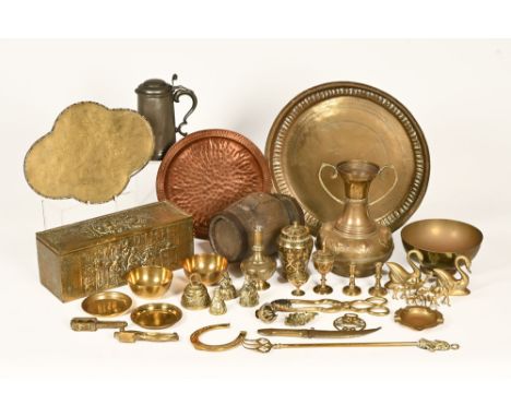A collection of miscellaneous brass copper and metalware, including a small oak barrel, trays, ornaments, ashtrays etc.