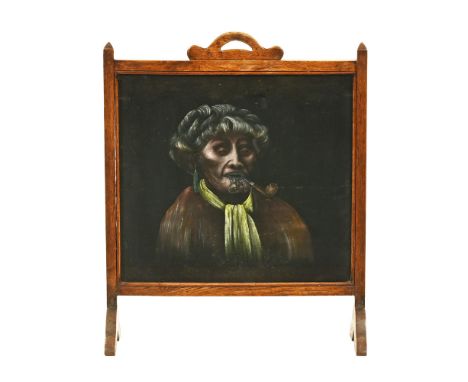 An oak firescreen, with oil on canvas depicting a lady with traditional Maori chin tattoo smoking a pipe. Screen height 75 cm