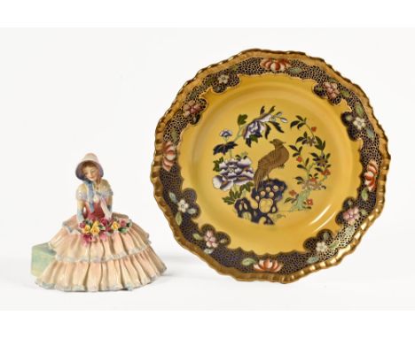 A Royal Doulton "Daydreams" figure HN1731, together with a Masons cabinet plate.  Diameter 28 cm.