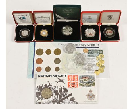 A Piedfort silver crown, Piedfort 50 pence coin, two silver proof £5 coins, £2 coin, £1 coin and 50 pence together with 1993 