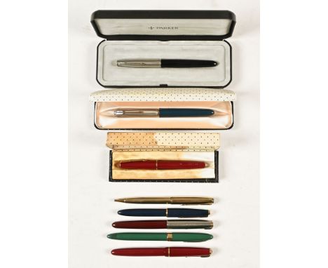 A collection of vintage pens, including Parker and Schaeffer, some cased.