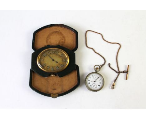 A nickel cased pocket stopwatch, with gold plated Albert chain together with a Swiss made eight day leather cased travel cloc