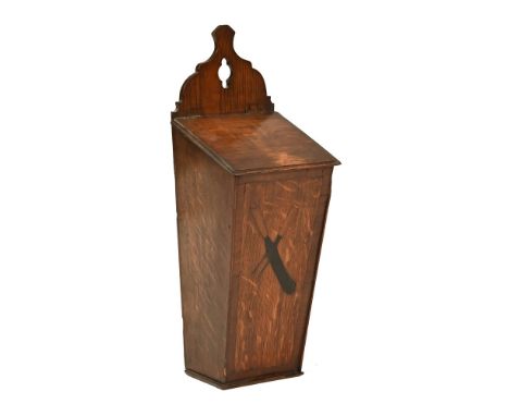 An antique oak inlaid knife CWJ, with sloped lid and the front engraved with a knife and fork. Height 51 cm, width 19 cm, dep