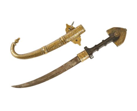 An antique Moroccan curved dagger, with wooden handle and scabbard.&nbsp; Overall length 44 cm.&nbsp;&nbsp;This bladed produc