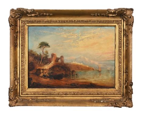J B Pyne oil on canvas, coastal scene with fishing vessel and ruins.  36 cm x 51 cm, framed, relined.
