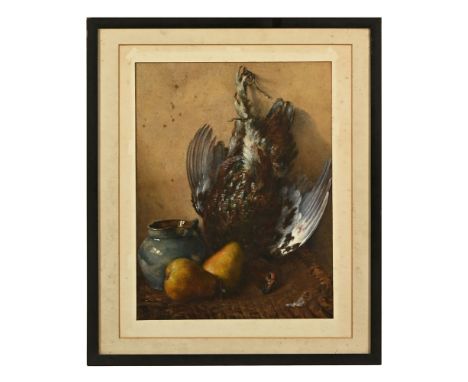 A still life watercolour "Red Grouse and Pears", initialled S B dated 1886.  43 x 33 cm, framed and mounted.