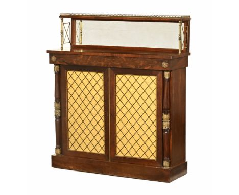 A Regency mahogany chiffonier, with rear mirrored upstand with brass supports and fitted with a pair of panelled cupboard doo