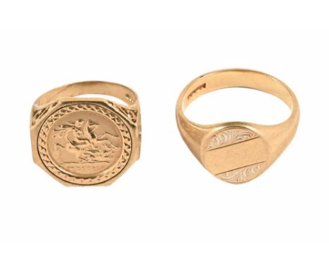 A 9 ct gold gentleman's signet ring and a gentleman's ring. 10 grams. 