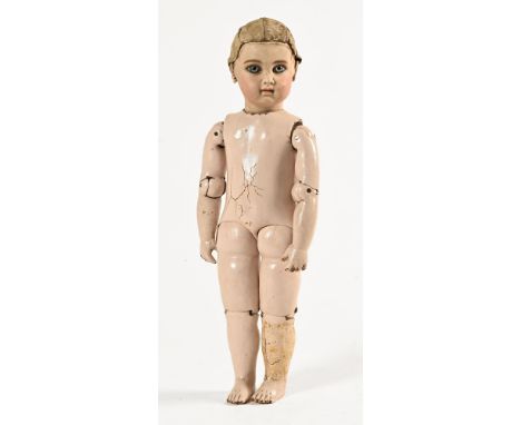 An antique French bisque headed doll, with jointed composition body. Height 42.5 cm.&nbsp;&nbsp;The dolls head is generally q