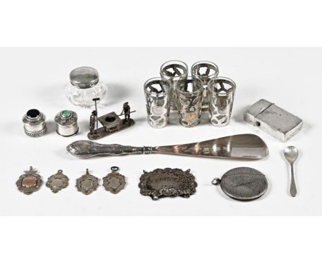 A collection of silver and plated items, including shot glasses, fobs, shoe horn, ornaments etc.