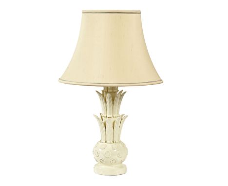 A 20th century ceramic lamp base, with circular floral base and feather or leaf decoration. Height excluding light fitting 48