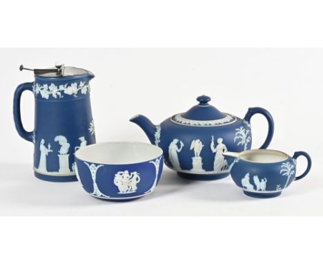 A Wedgwood Jasperware tea service, comprising teapot, sugar basin, cream jug and pewter lidded hot water jug.
