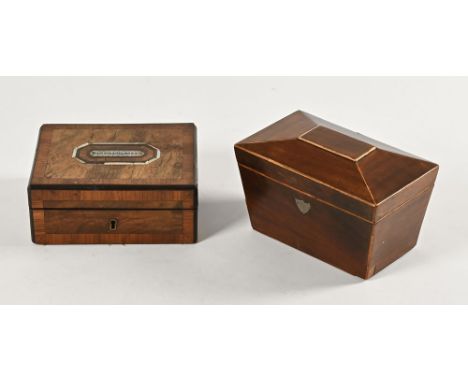 A 19th century CWJwood strung tea caddy, together with a walnut and inlaid handkerchief CWJ.  Widest 18.5 cm.