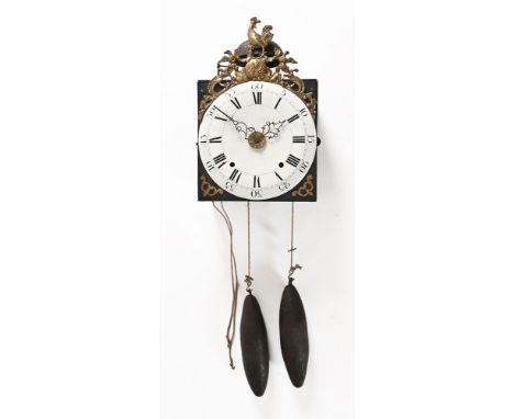 A 19th century French Comtoise wall clock, with brass cockerel and fleur de lis decoration and enamelled dial with two weight