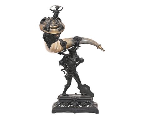 A large late 19th century table centre or snuff mull, spelter and cow horn. Height 82 cm, maximum width +/- 44 cm (see illust