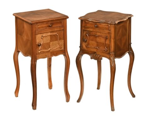 Two continental bedside cabinets, one with square top with rounded edges and quarter veneer with single drawer and cupboard a