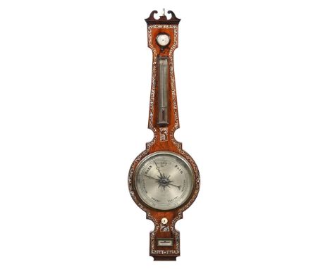 A large 19th century inlaid mother of pearl rosewood barometer, with silvered brass dial and alcohol thermometer, Warranted C