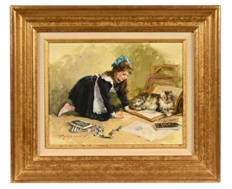Konstantin Razumov (Russian born 1974), oil on canvas young girl painting with shaggy cat.  27 x 35 cm, in gilt frame.  ARR.