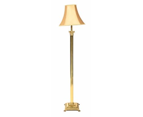 A 20th century brass lamp standard, in the form of a Corinthian column with square base and paw feet.  Height excluding light