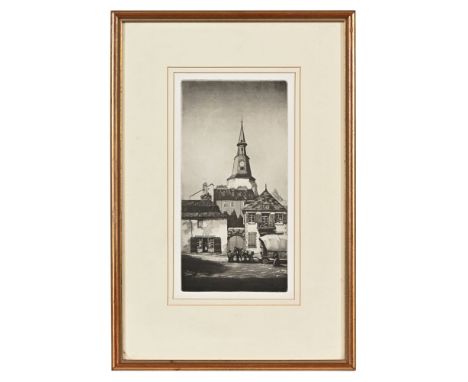 Unknown artist etching and aquatint, French village scene with horse and covered wagon. 25 x 13 cm, framed.