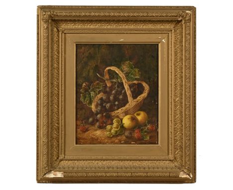 Still life oil on canvas of a basket of fruit, indistinct signature.  29 cm x 24 cm, set in a gilt wood frame.